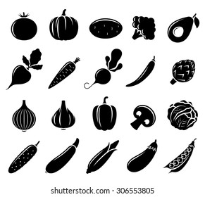 Vector black and white vegetables flat icons set isolated on white