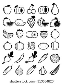 Vector black and white vegetables and fruits flat icons set for groceries, agriculture stores, packaging and advertising