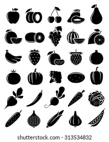 Vector black and white vegetables and fruits flat icons set for groceries, agriculture stores, packaging and advertising