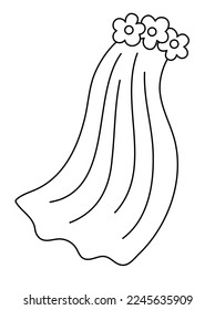 Vector black and white veil icon. Bride clothes illustration. Cute line just married girl accessory. Wedding ceremony coloring page. Cute lady outline vailing with flowers
