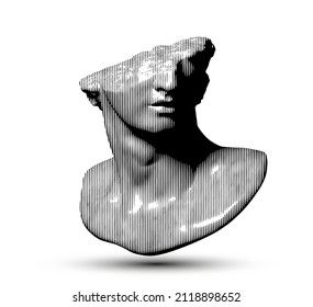 Vector black and white vertical line halftone broken classical style head sculpture fragment from 3d rendering isolated on white background. 