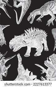 Vector black and white vertical pattern with dinosaurs, stylish cover for fabric, postcards, wallpapers,graphical vector illustration. Animals background design	