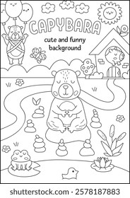 Vector black and white vertical scene with capybaras. Landscape illustration with capibaras. Cute background or book cover for kids with animals. Funny line scene, coloring page for kids