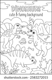 Vector black and white vertical scene with dinosaurs. Ancient period landscape illustration. Cute line prehistoric background, book cover for kids with T-rex, spinosaurus. Funny dino coloring page
