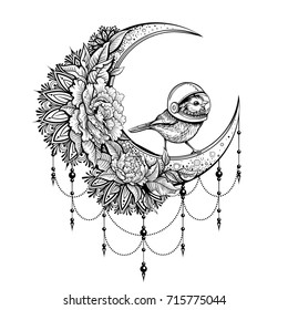 Vector Black and White Vintage Bird on the Moon Illustration