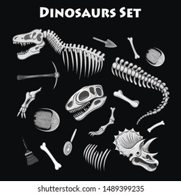 Vector Black and White Vintage  Dinosaur Bones Set