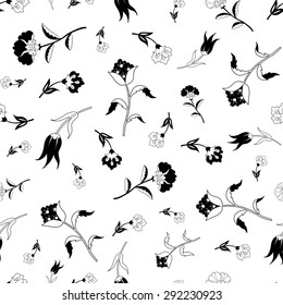 Vector Black White Vintage Field Flowers Seamless Pattern