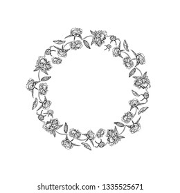 Vector in black and white of vintage floral round banner with peony flowers, buds, leaves. Romantic design for natural cosmetics, perfume, women products. For greeting card, wedding invitation.