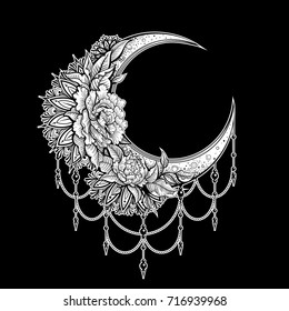 Vector Black and White Vintage Moon Illustration