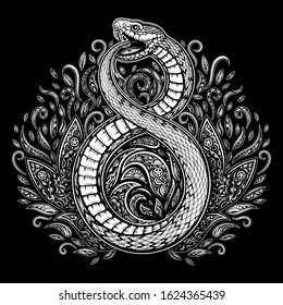 Vector Black and White Vintage Ouroboros Snake Illustration