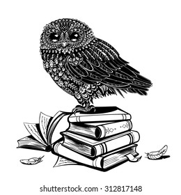 Vector Black and White Vintage Owl on the Books Illustration