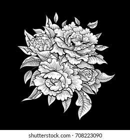 Vector Black and White Vintage Peony Flower Illustration on Black Background