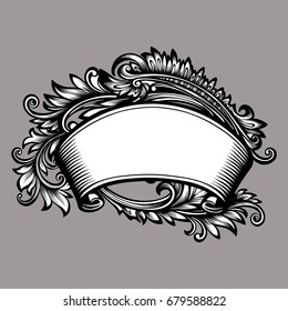Vector black and white vintage scroll ornamented with floral ornament in baroque style, vintage beautiful background template for engraving style for design