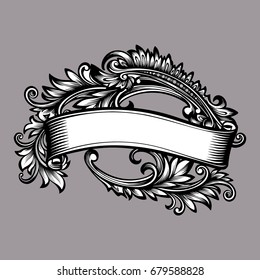 Vector black and white vintage scroll ornamented with floral ornament in baroque style, vintage beautiful background template for engraving style for design