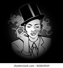Vector Black and White Vintage Smoking Woman Illustration