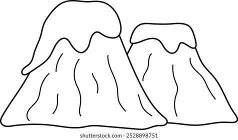 Vektorgrafik der schwarz-weißen Vulkanberge mit Lava-Linien. Stein-Symbol einzeln auf weißem Hintergrund. Prähistorische Naturlandschaft Bild. Dinosaurier Land Malvorlage
