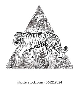 Vector Black and White Walking Tiger Illustration on Tropical Triangle Background
