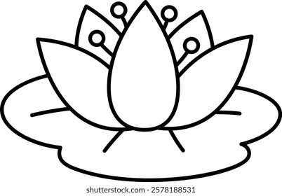Vector black and white water lily icon. Marsh flower on pad clipart. Cute line floral illustration, coloring page isolated on white background