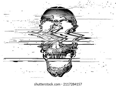 Vector black and white wavy line halftone glitched digital TV signal screaming skull.