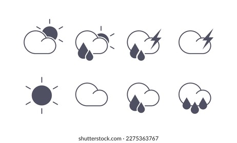 conjunto de iconos vectoriales de símbolo del tiempo blanco y negro, símbolo de nube. plano de icono meteorológico, adecuado para ui ux, diseño de sitio web