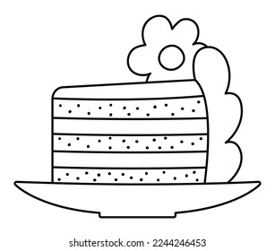 Vector black and white wedding cake piece on a plate with flower, cream. Cute marriage line clipart element. Just married couple dessert coloring page. Cartoon ceremony illustration
