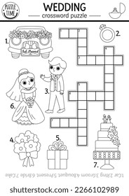 Rompecabezas de crucigrama de boda blanco y negro vectorial para los niños. Concurso de ceremonia de matrimonio simple o página de coloreado. Matrimonio con novia y novio. Palabra cruda de vacaciones familiares
