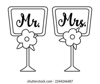 Vector black and white wedding dining table plates with Mr. and Mrs. Inscription. Cute marriage line symbol clipart element for bride and groom. Just married couple banquet decoration
