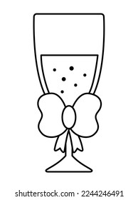 Vector black and white wedding glass with bow and sparkling drink. Cute line marriage symbol clipart element for bride, groom. Just married couple decoration. Cartoon ceremony coloring page
