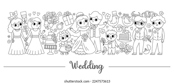 Vector black and white wedding horizontal border set with just married couple. Marriage ceremony card template design with holiday characters. Cute line matrimonial border with bride, groom
