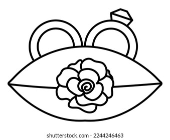 Vector black and white wedding rings with stone on little pillow with rose. Cute marriage or proposal clipart element or for bride and groom. Just married couple ceremony accessory coloring page
