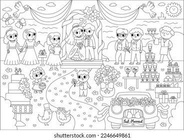 Vector black and white wedding scene. Cute line marriage ceremony illustration or coloring page with just married couple in the arch, registrar, bridesmaids and bridegroom, candy bar, cake
