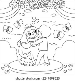 Escena de bodas en blanco y negro vectorial con una linda pareja recién casada. Ceremonia de matrimonio página de coloreado paisajístico con novia y novio. Esposo y esposa bailando su primer baile
