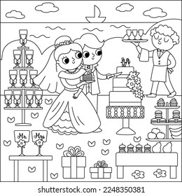 Vector black and white wedding scene with cute just married couple. Marriage line ceremony landscape coloring page with bride and groom. Husband and wife cutting the cake near the candy bar
