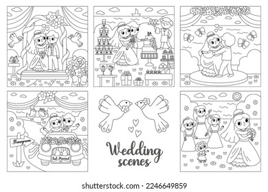 Vector black and white wedding scenes set. Cute line just married couple. Marriage ceremony landscapes coloring pages with bride and groom. Husband, wife cutting cake, dancing
