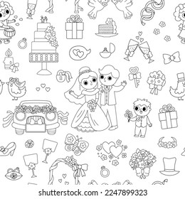 Vector black and white wedding seamless pattern. Cute line marriage repeat background with bride and groom. Just married couple coloring page. Funny ceremony digital paper with cute bridesmaids 
