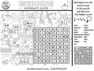 Vector black and white wedding wordsearch puzzle for kids. Word search quiz with marriage ceremony landscape coloring page. Educational activity or cross word with bride, groom, guests, cake
