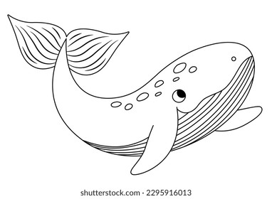 Icono vector de ballena blanca y negra. Debajo de la línea del mar, ilustración de peces graciosos adorables. Clipart de animales oceánicos. Página de dibujo animado subacuático o marino para niños aislados en fondo blanco
