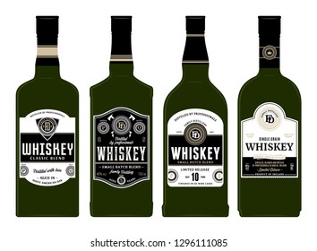 Vector black and white whiskey labels on bottles. Distilling business branding and identity design elements.