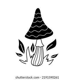 Vector black and white wild forest mushroom with leaves and grass. Autumn botanical design element. Edible or poisonous mushrooms.