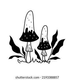 Vector black and white wild forest mushrooms on white background. Autumn botanical design element. Edible or poisonous mushrooms with twigs with leaves.