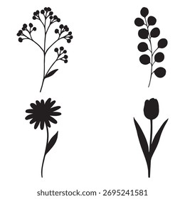 Vector Black and White Wildflower and Tulip Silhouettes Collection.
