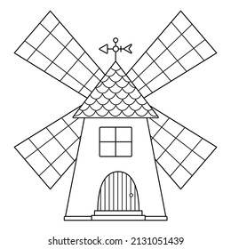 Icono vector de molino de viento blanco y negro aislado en fondo blanco. Ilustración del molino de viento de línea. Casa de granjas con contorno para grano de trituración. Imagen de jardín rural o página de color
