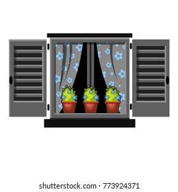 Vector black and white window with shutters and curtains with blue flowers and pots. Cartoon house element. Cute summer illustration. European street