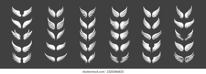 Vector Black and White Wing Icon Set. Vintage Angel Wings Silhouette, Icons, Logo Design Template, Clipart Collection. Cupid, Bird Wings. Vector illustration