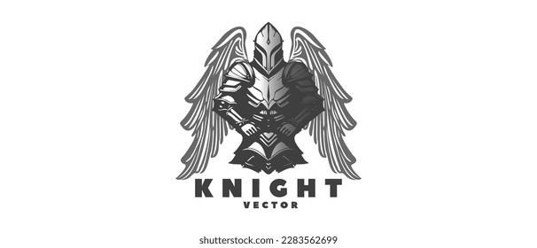 Vector black and white winged knight in armor on an isolated background. Logo, sticker or emblem.