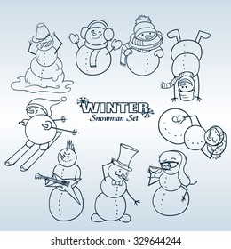 Vector Black and White Winter Snowman Set for Christmas