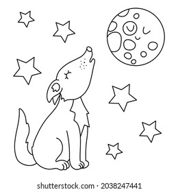 Vector black and white wolf howling at the moon. Funny outline night scene with woodland animal. Cute forest line illustration or coloring page
