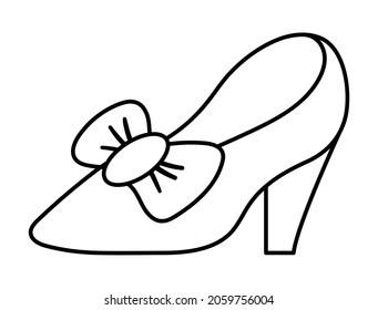 Vector black   white woman slipper and hill   bow icon   Fairytale line shoe illustration isolated white background  Cartoon fairy tale princess foot wear accessory coloring page
