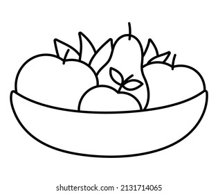 Vector Black And White Wooden Bowl With Apples, Pears, Leaves. Autumn Garden Outline Clipart. Funny Fruit Plate Illustration Or Coloring Page Isolated On White Background. Farm Harvest Line Icon
