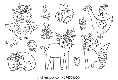 Vector black and white woodland animals, insects and birds collection. Boho line forest set. Bohemian fox, owl, bear, deer, ladybug, goose with flowers on heads. Celestial clip art pack 
